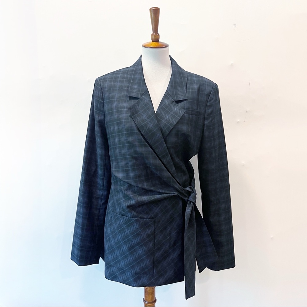 Tibi Marvel Plaid Wool Blend Tie Waist Blazer Jacket Size 10 - Picture 7 of 12